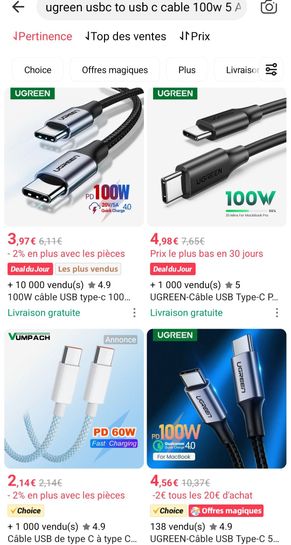UGREEN Lot de 2 Câble USB C vers USB C PD 100W 5A 20V Câble USB