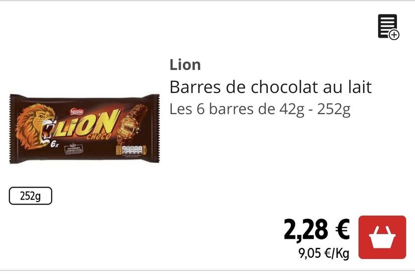 Barre de chocolat au lait LION : la barre de 42g à Prix Carrefour