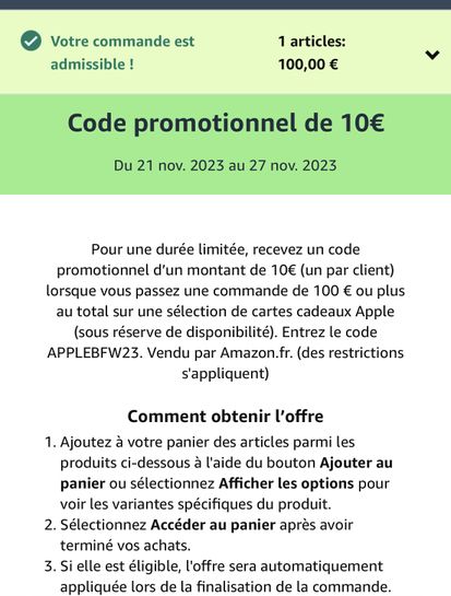 Bon plan : un code promo  de 10 € offert pour l'achat d'une carte  cadeau Apple d'au moins 100 €