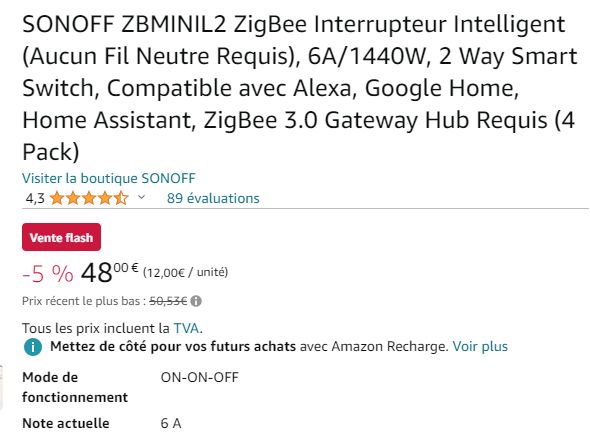 Commutateur sans neutre Sonoff Zigbee 3.0 Zbminil2 –