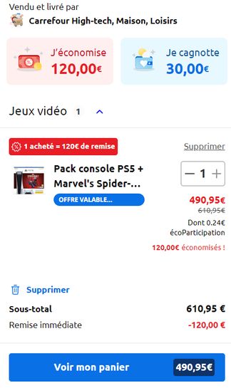 Pack PS5 standard (lecteur de disque - Châssis C) + Jeu Spider-Man 2 (via  30€ sur la carte) –