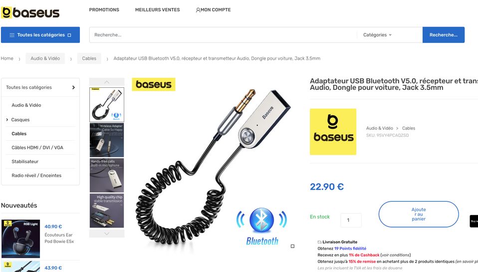 Baseus – adaptateur Bluetooth pour voiture, 3.5mm, câble à Dongle