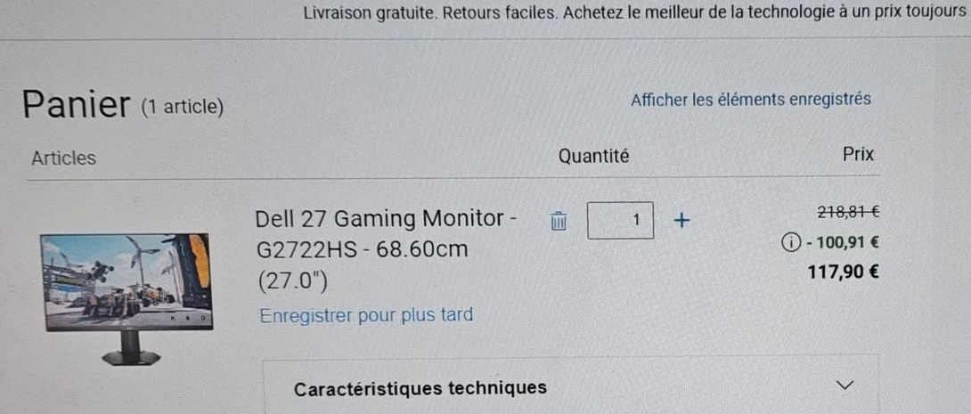 Le prix de l'écran de gaming Dell 27 G2722HS chute à 129€ grâce à