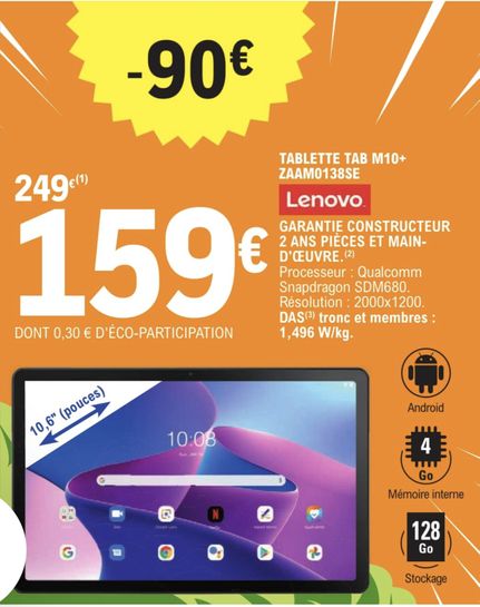 Tablette 10.61 Lenovo Tab M10 Plus 3ème gen (2K, Snapdragon 680, RAM 4 Go,  128 Go) + Coque protection (Via remise panier + ODR de 20€) –