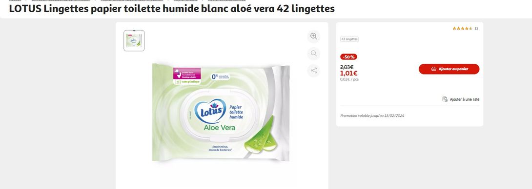 Paquet de 42 Lingettes Papier Toilette Humide Blanc Aloé Vera Lotus –