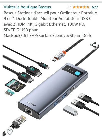 Baseus – Hub USB C vers HDMI, Station d'accueil USB 3.0 pour MacBook Pro,  iPad Pro, adaptateur PD 100W/60W pour ordinateur portable