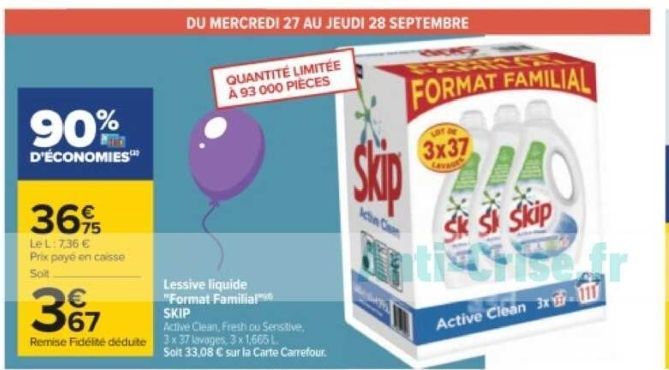 Promo Lessive liquide SKIP Active Clean, Fresh ou Sensitive, 2 x 37  lavages, 3,3kg chez Carrefour Market