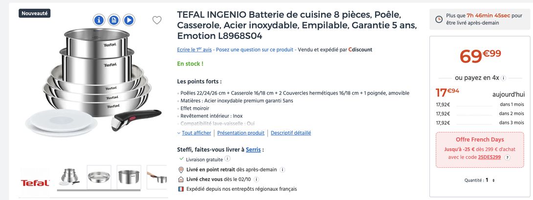 Batterie de cuisine 8 pièces TOUT INOX, Tefal L8968S04 (BOUTIQUE