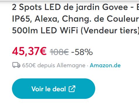Lot de 2 spots LED de jardin Govee - Etanche IP65, Alexa, Chang. de Couleur  RGBIC, 500lm LED WiFi (Vendeur tiers) –