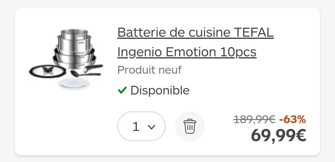 Batterie de cuisine Tefal Ingenio Emotion - 10 pièces, tous feux dont  Induction (Via reprise d'une vieille casserole) –