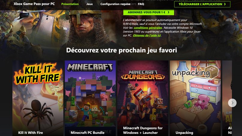 Page d'accueil Xbox Game Pass