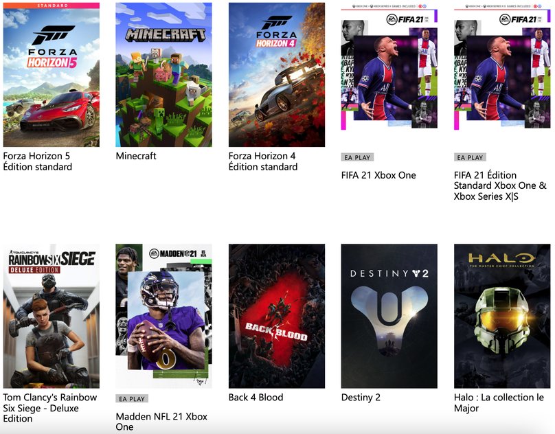 Aperçu liste des jeux Xbox Game Pass