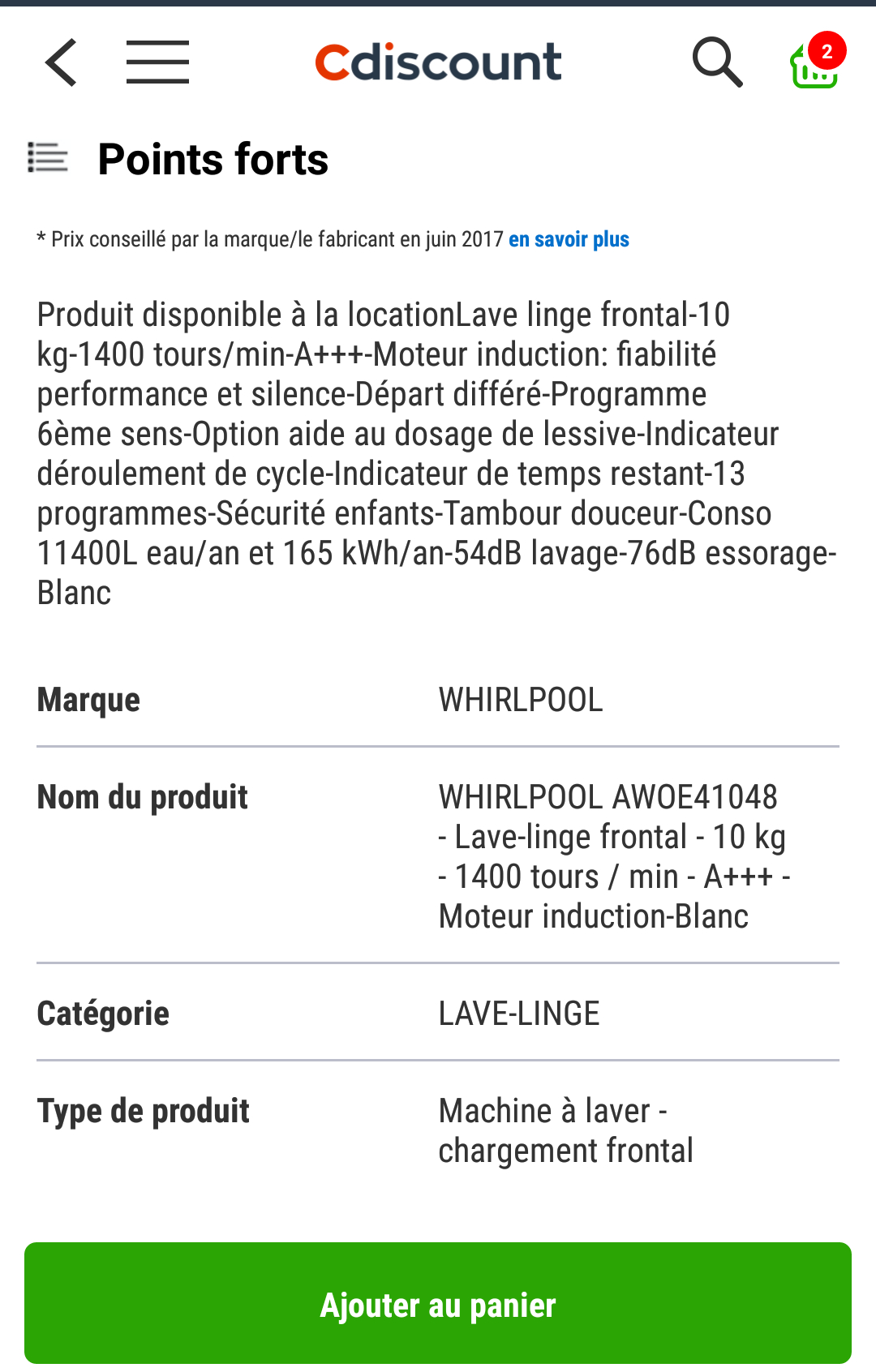 Lave-linge hublot WHIRLPOOL AWOE41048 - 10 kg - Moteur induction