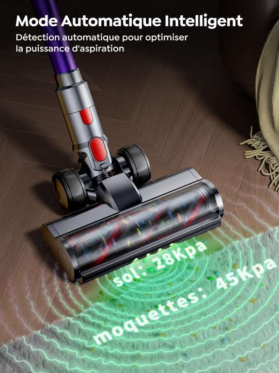 Aspirateur Balai Sans Fil 550W - Autonomie 60 Min, Puissance 45 KPa - Avec Support Mural, Brosse Anti-emmêlement, Filtration HEPA - Pour Poils D'animaux, Sols Durs Et Tapis