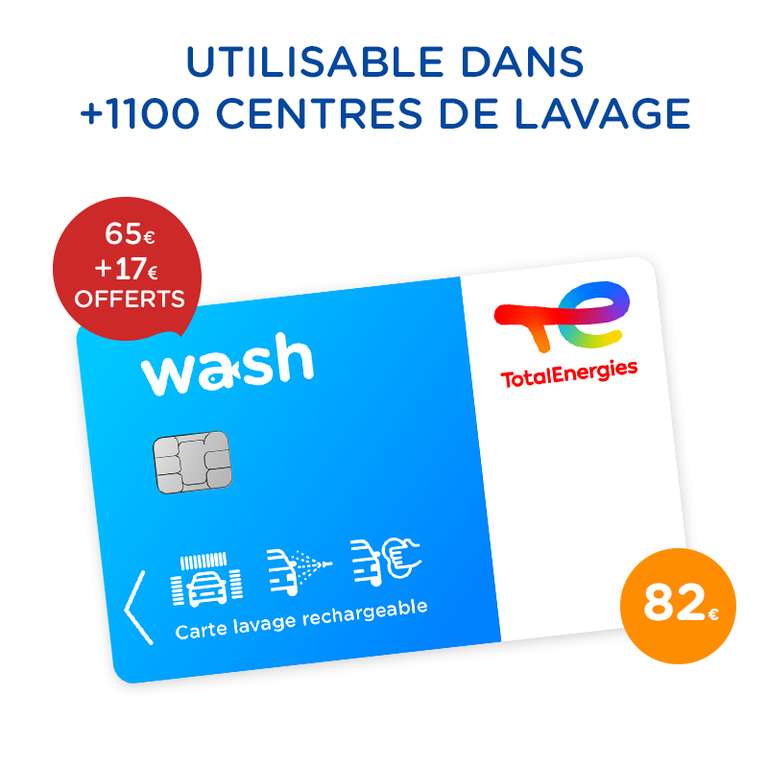Carte de lavage auto Total Wash Préchargée de 82€ - Rechargeable, Valable pour lavage à rouleaux, Haute Pression et Aspirateurs
