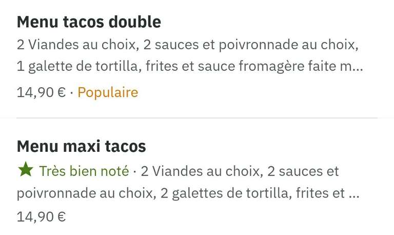 Menu Maxi Tacos à Presto Lyon via Deliveroo