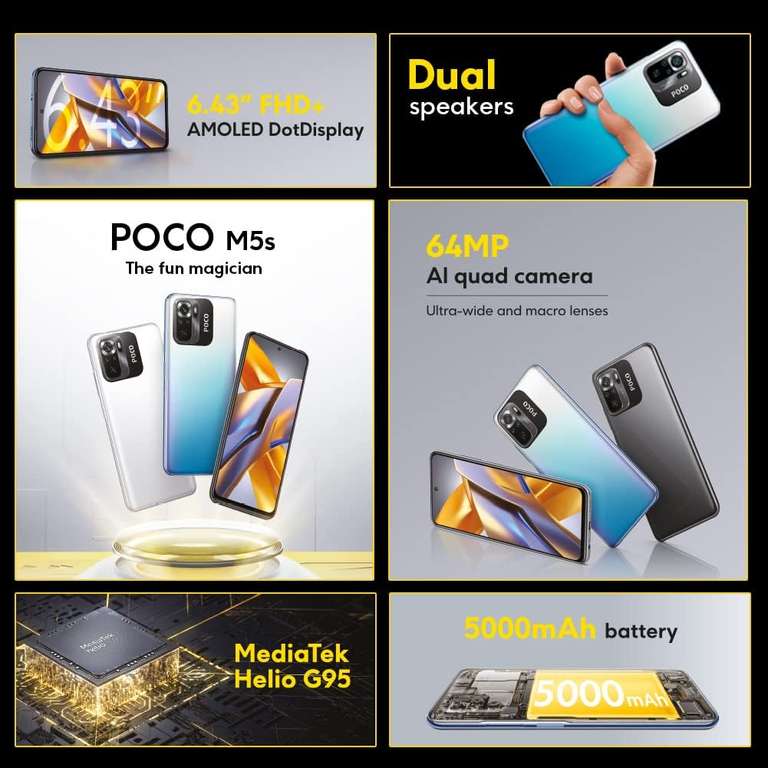 Smartphone 6,47" Poco M5s - Ecran Amoled, Helio G95, 4Go/128Go, batterie 5000Mah (vendeur tiers)