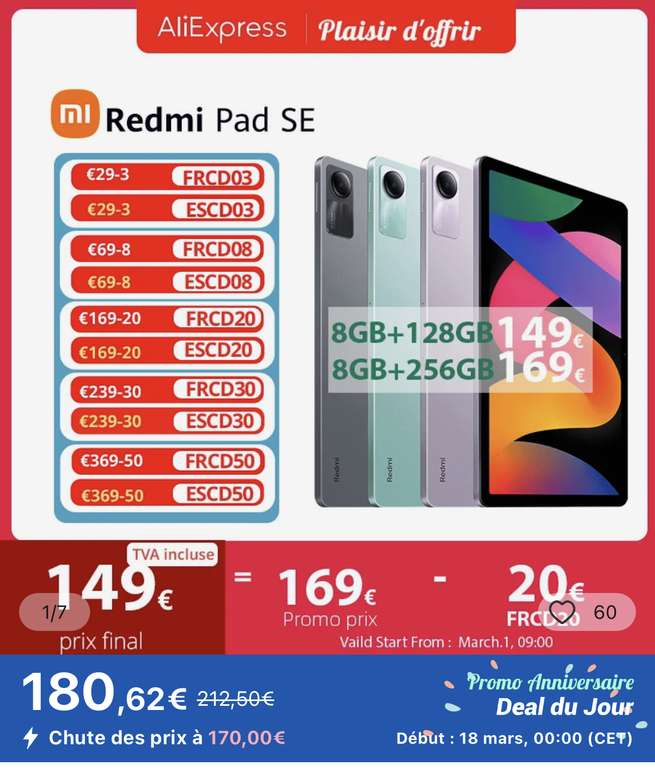 Tablette 11" Xiaomi Redmi Pad SE - Full HD+, 90Hz, RAM 8Go, 256 Go, Snapdragon 680, 8000mAh