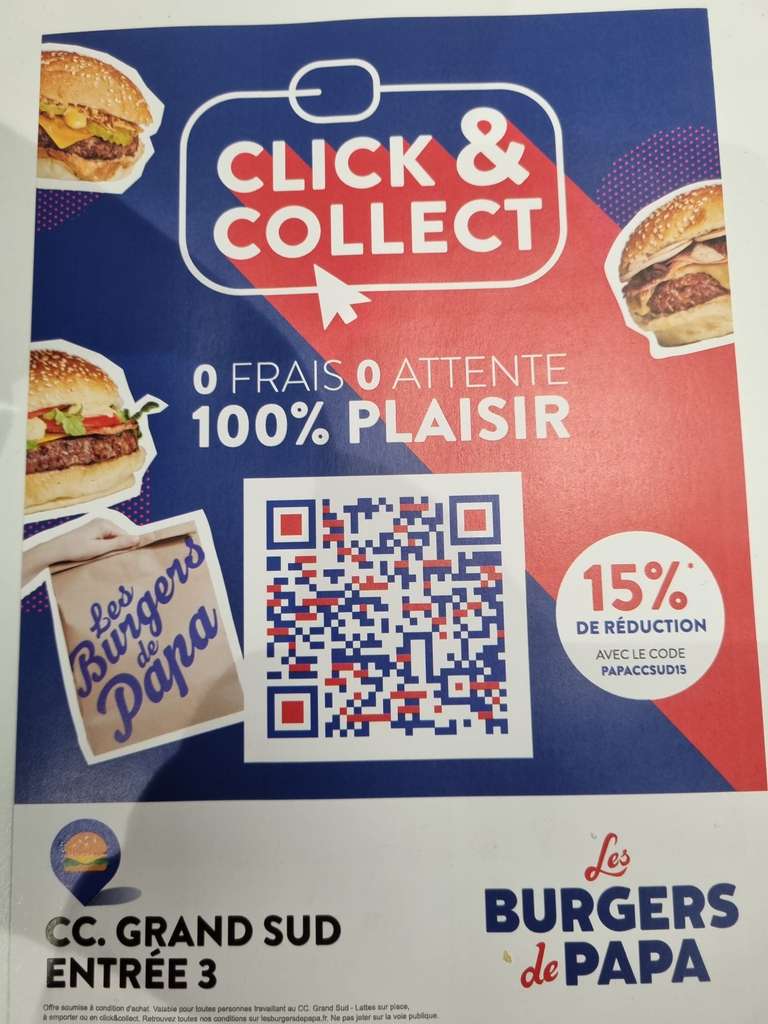 15% de réduction sur votre commande Click & Collect - Burger de Papa (CC Lattes Grand Sud 34)