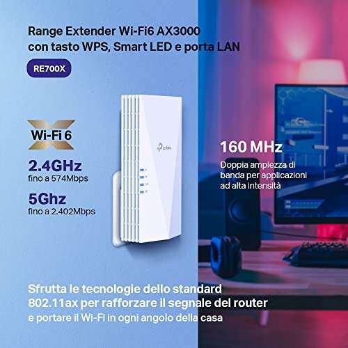 TP-Link Répéteur WiFi 6 Mesh RE700X, Amplificateur WiFi AX3000 Mbps Couvre  jusqu'à 150 m², 1 Port Ethernet Gigabit, Compatible avec les box internet