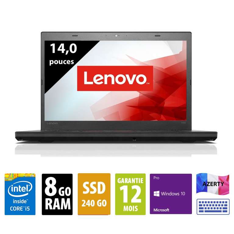 PC Portable 14" Lenovo ThinkPad T460 - FHD, i5-6300U, RAM 8 Go, SSD 240 Go, Windows 10 Pro (Reconditionné Grade B - Garantie de 12 mois)