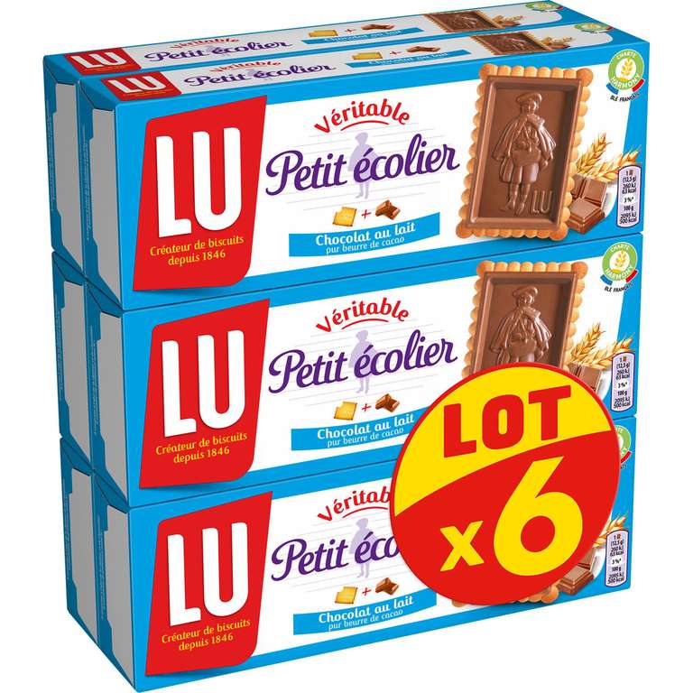 Lot de 6 paquets de biscuits petit beurre nappés au chocolat au lait Lu Petit Ecolier