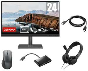 [Etudiants] Ecran PC 24" Lenovo L24i-30 - Full HD IPS, 75 Hz, 4 ms + Hub USB-C + Souris Bluetooth rechargeable + Casque Micro