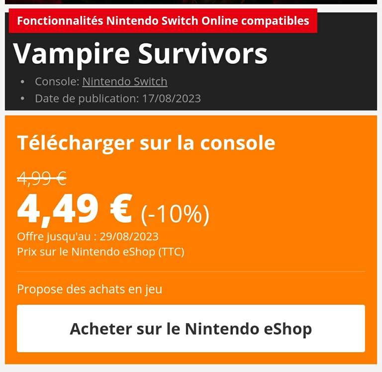 Vampire Survivors sur Nintendo Switch (Dématerialisé)