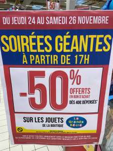 [De 17h à la fermeture] 50% offerts en bon d'achat sur la boutique La Grande Récré (dès 40€ d'achats - Hors exceptions)