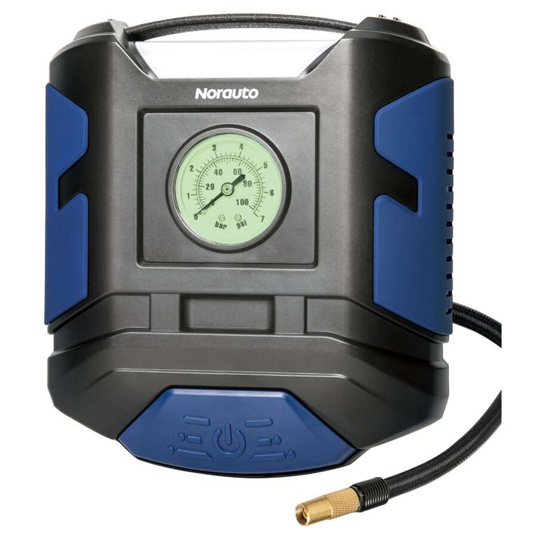 Gonfleur Norauto pour prise allume-cigare 12V - Manomètre analogique, Lampe, 20 L/min, Max 7 bars