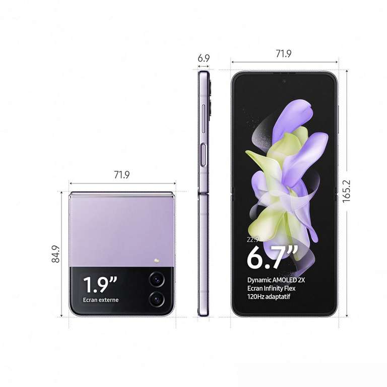 Smartphone 6.7" Samsung Galaxy Z Flip 4 5G - 128 Go, Lavande (via ODR de 100€)