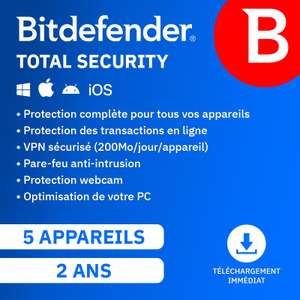 Bitdefender Total Security 2024 | 5 appareils | 2 Ans | PC/Mac/Smartphone | Code d’activation par email