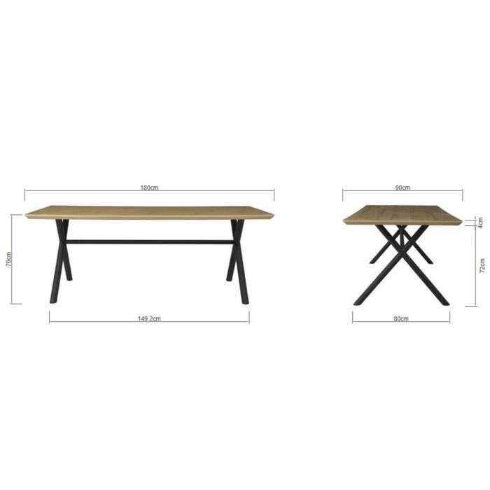 Table à manger fixe CROSS - Rectangulaire - Mélaminé Décor chêne et métal noir - 8 personnes - L 180 x P 90 x H 76 cm