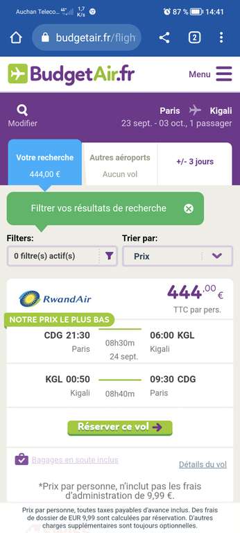 Vol direct A/R Paris (CDG) <-> Rwanda (Kigali) avec bagage soute du 23 septembre au 3 octobre (Via Rwandair)