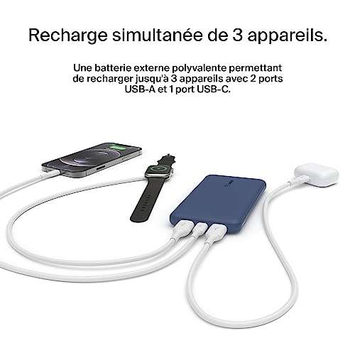 Batterie Externe Belkin - 10000mAh, 1 Port USB-C et 2 Ports USB-A, jusqu'à 15 W, câble USB-A vers USB-C fourni