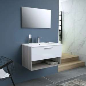 Meuble de salle de bains à tiroir Bento - avec vasque + miroir (80 cm), blanc / décor chêne