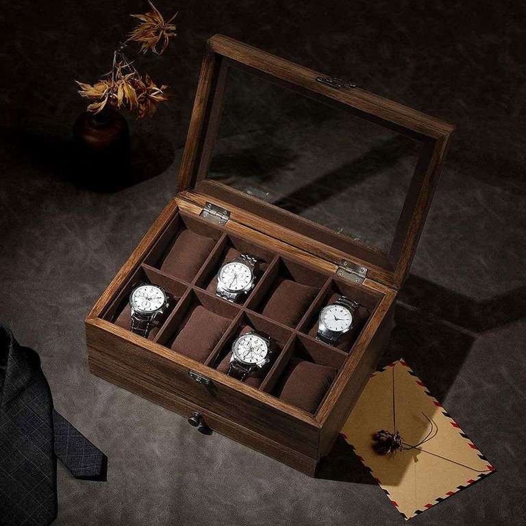 Boîte à montres en bois Songmics - doublure en velours + vitre en verre (27 x 20 x 13 cm)