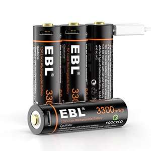 Lot de 4 Piles Rechargeables EBL via USB - AA, 1,5V, 3300 mWh (Vendeur Tiers)