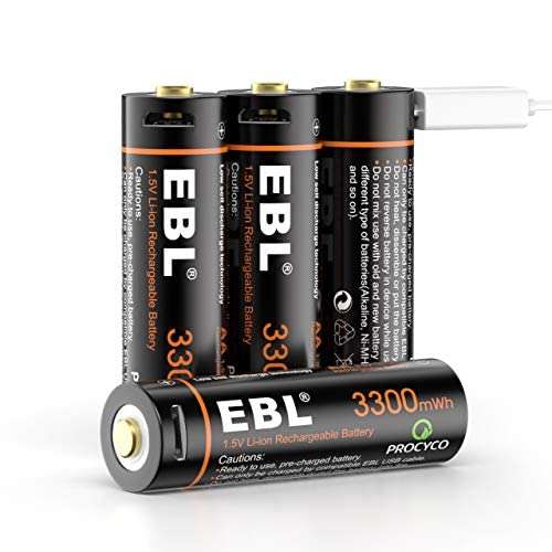 Lot de 4 Piles Rechargeables EBL via USB - AA, 1,5V, 3300 mWh