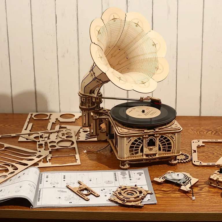 Puzzle 3D en bois ROKR (LKB01) - Gramophone, 424 pièces, disque avec 3 musiques inclus (Entrepôt Belgique)