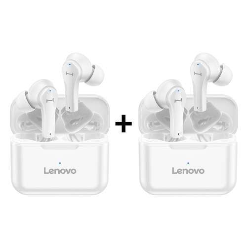 Lot de 2 paires d'écouteurs sans fil Lenovo QT82 avec Boitier de charge - Bluetooth 5.0, IPX5, Autonomie 6-8h (Noir ou Blanc)