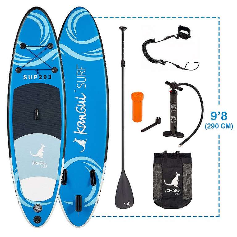 Stand Up Paddle gonflable Kangui SUP293 (293 cm) avec Pagaie, Sac à dos, Pompe, Leash et Kit de réparation (Bleu)