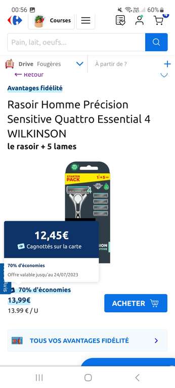 Rasoir manuel homme Wilkinson Quattro Essential 4 + 5 lames (via 12.45€ fidélité) - Fougères (35)