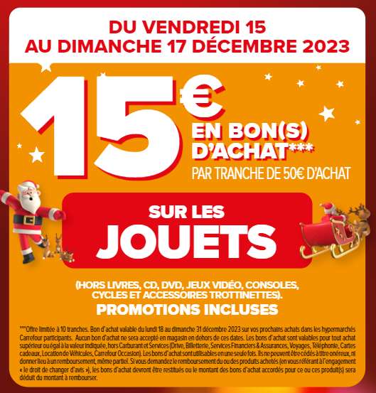 15€ offerts en bon d'achat tous les 50€ sur l'univers Jeux & Jouets (promotions incluses - jusqu'à 150€)
