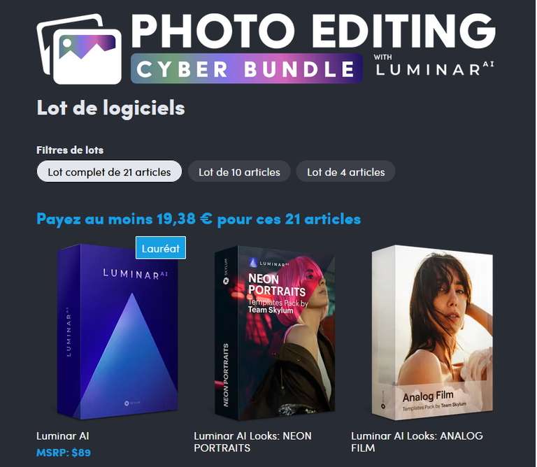 Humble Bundle de logiciels de retouche photo : Luminar AI, Aurora HDR, Photolemur et extensions