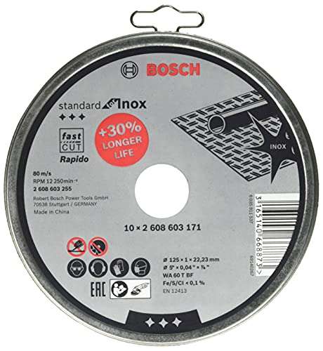Lot de 10 Disques à tronçonner à moyeu plat standard inox Bosch WA 60 T BF - 125 mm, 22,23 mm, 1,0 mm