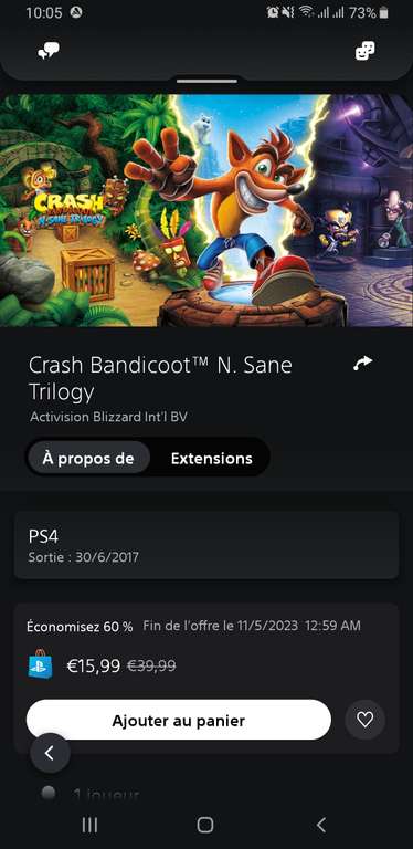 Crash Bandicoot N. Sane Trilogy sur PS4 (Dématérialisé)