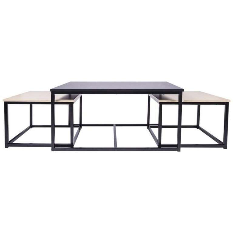 Sélection de meubles en promotion - Ex : Lot de 3 tables gigognes Minsk - Métal noir et bois L 90 x P 60 x H 43 cm et L 50 x P 50 x H 35 cm