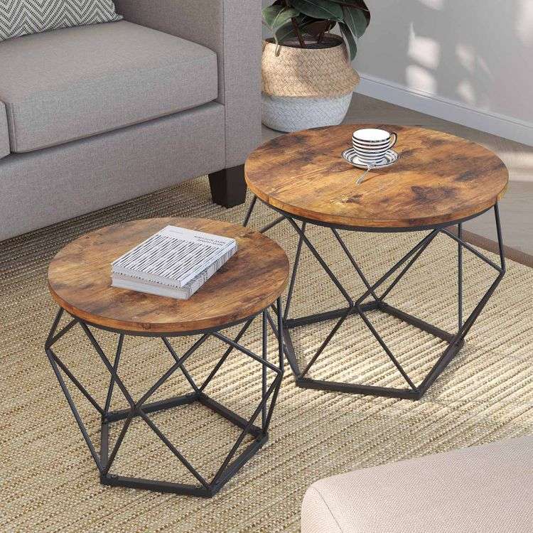 Lot de 2 tables basses géométriques - Structure en acier - Marron rustique et noir - 50 x 40 cm et 40 x 36 cm