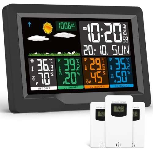 Station météo sans fil avec 3 capteurs, thermomètre numérique à grand écran  LCD, station météorologique avec prévisions météorologiques, température